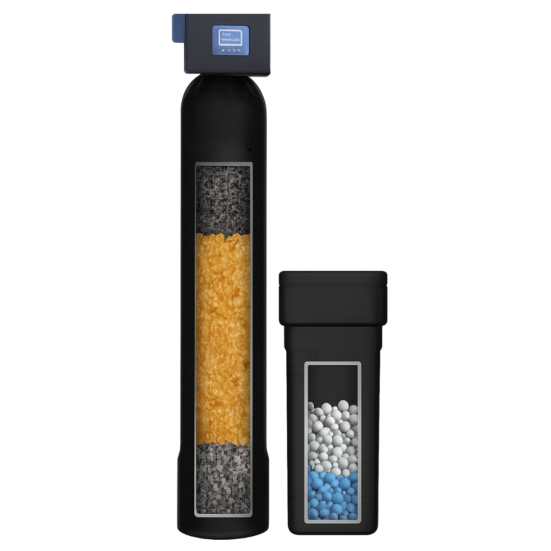 Cutaway view of the Torrey whole-home system showing the softening resin, polishing gravel, and brine tank